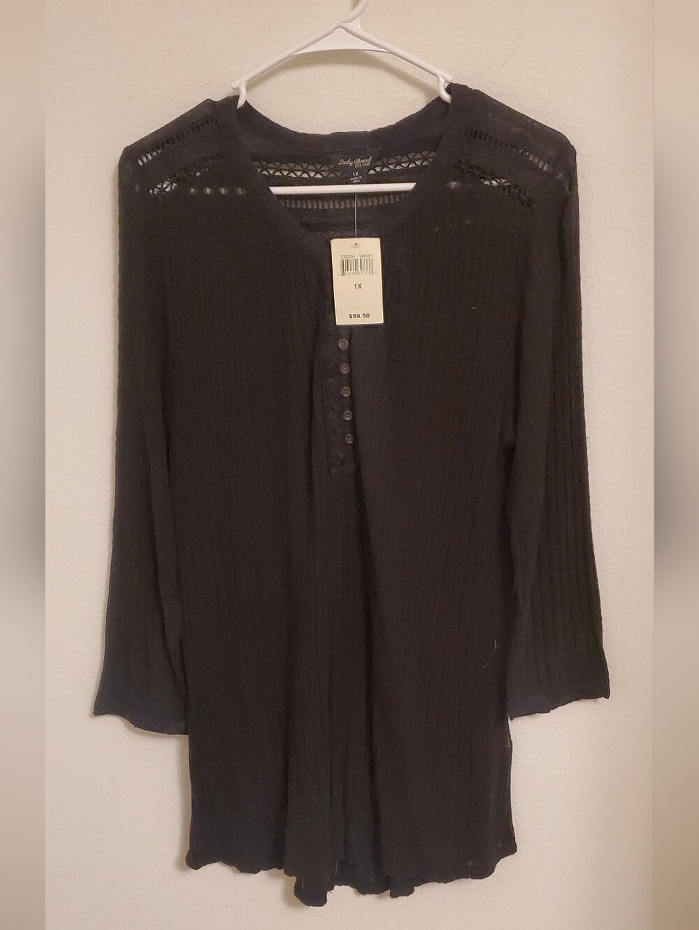 Lucky Brand Black Long-Sleeve Henley with Openwork Yoke Size 1X